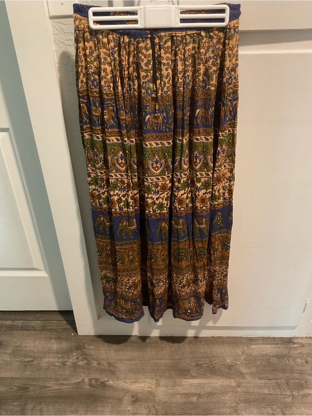 Bohemian Elephant-Print Maxi Skirt in Blue and Brown